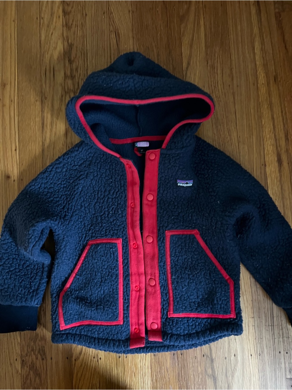Patagonia Kids Hooded Sherpa Jacket in Navy with Red Trim